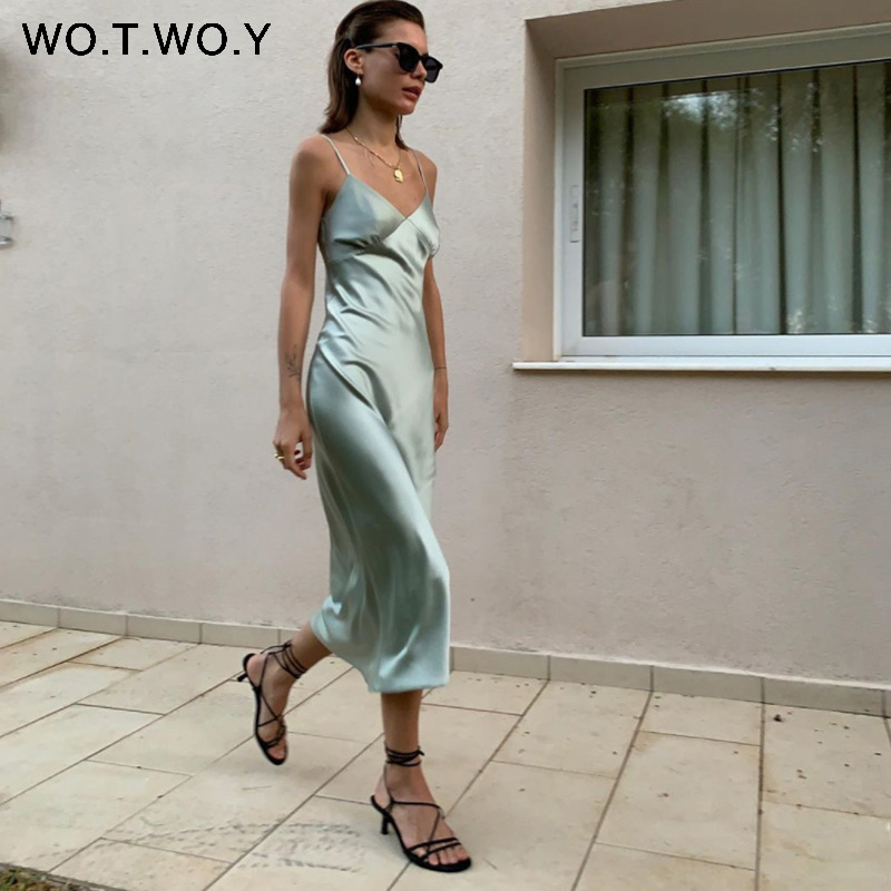 WOTWOY V-neck Sleeveless Dresses Women Spaghetti Strap Mid-Calf Sheath Party Dresses Femme Clothes Women Summer New