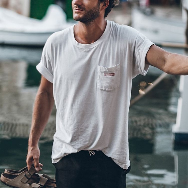 Mens Solid Color Pocket Casual T-shirt