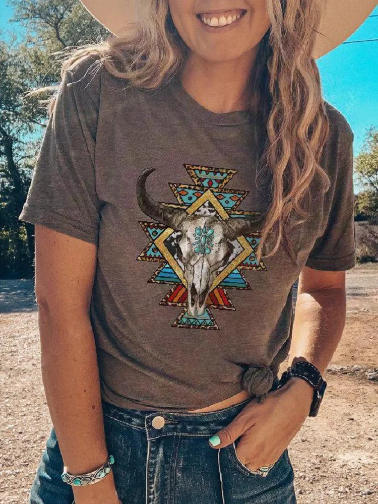 2023 Women's Aztec Cow Skull Africa Native Ethnic Geometric Pattern Short Sleeve T-Shirt