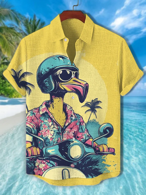 Men's Flamingo Motorbike Vacation Art Print Casual Shirt