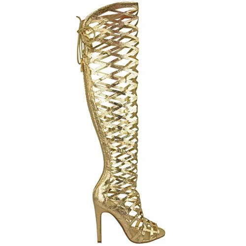 Gold Open Toe Stiletto Heel Hollow-Out Gladiator Sandals Nicepairs