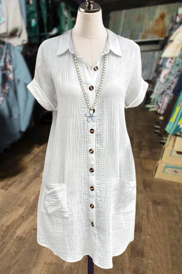 Solid Button Up Collared Cotton Dress