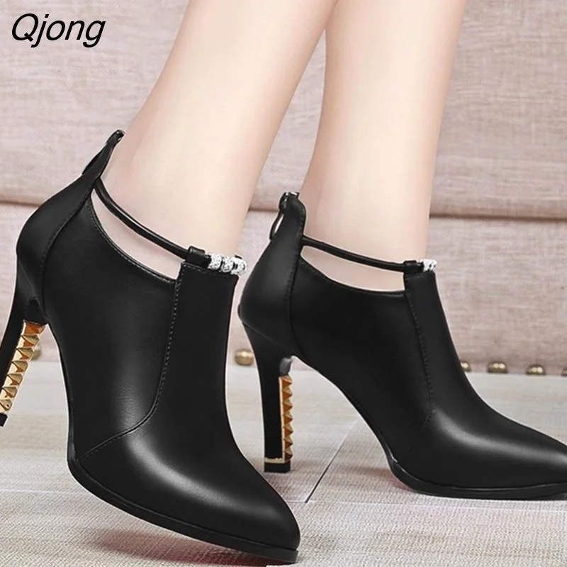 Qjong Ankle Boots Pointed Toe Thin Heels Leather PU Zipper Rhinestone Big Size 31-50 Weeding Black Elegant Mid Heel Botas Autumn