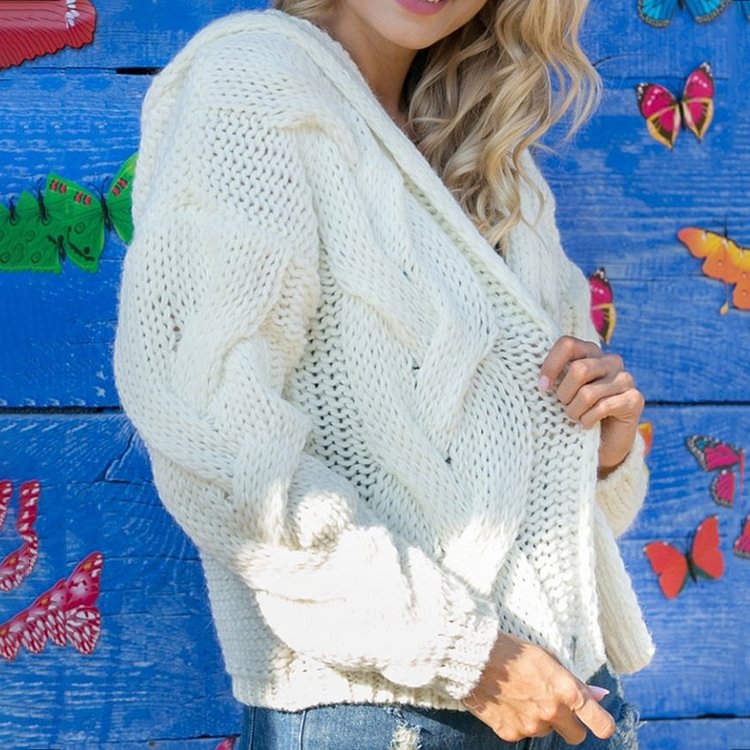 Vefave Twist Solid Color Thick Line Hooded Sweater Cardigan