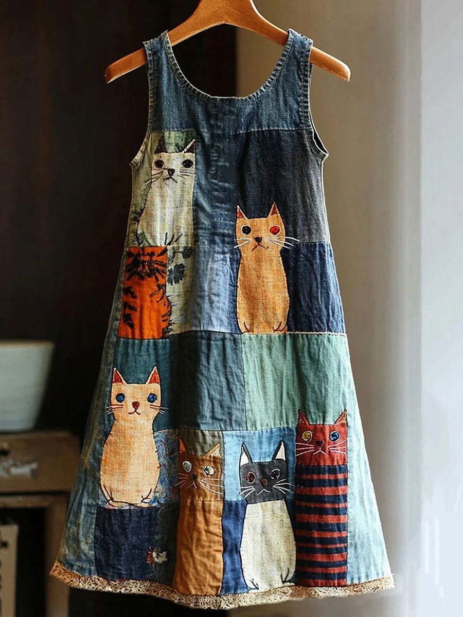 Cat Art Print Vintage Long Sleeve Maxi Dress