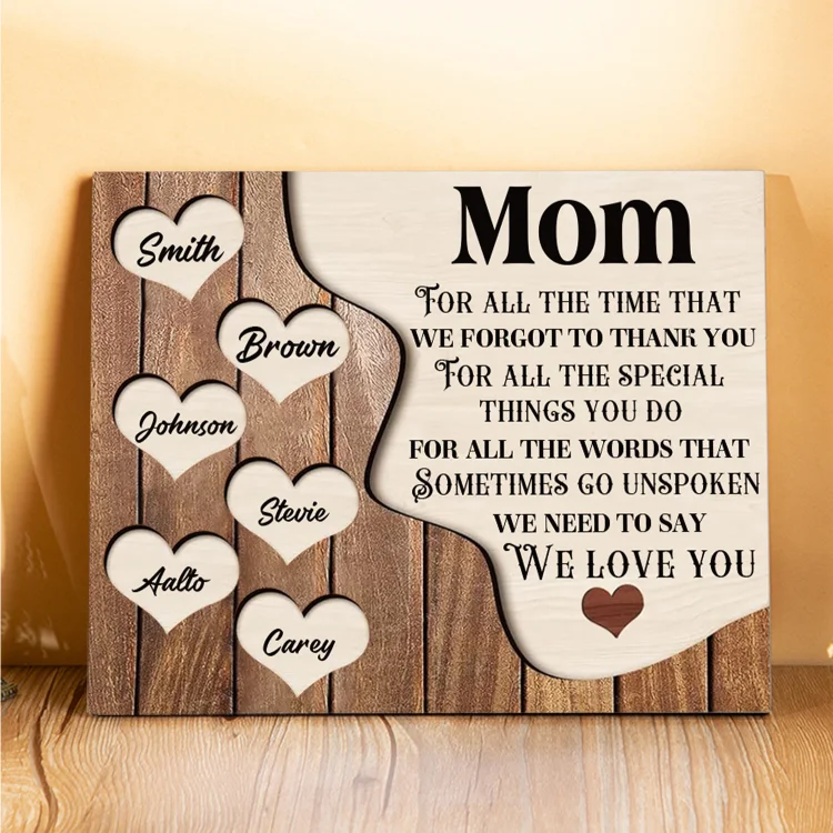 6 Names - Personalized Mom Wooden Plaque Custom Names Home Decoration Hearts Gift for Mother