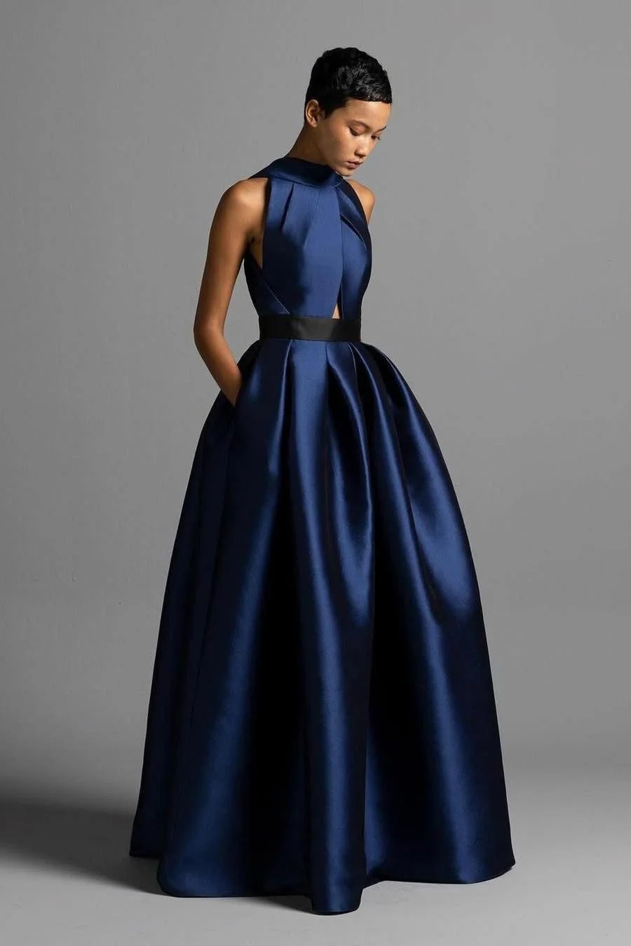 Daisda Exquisite Royal Blue Satin Halter Strapless Sleeveless A Line Prom Dress with Pleated