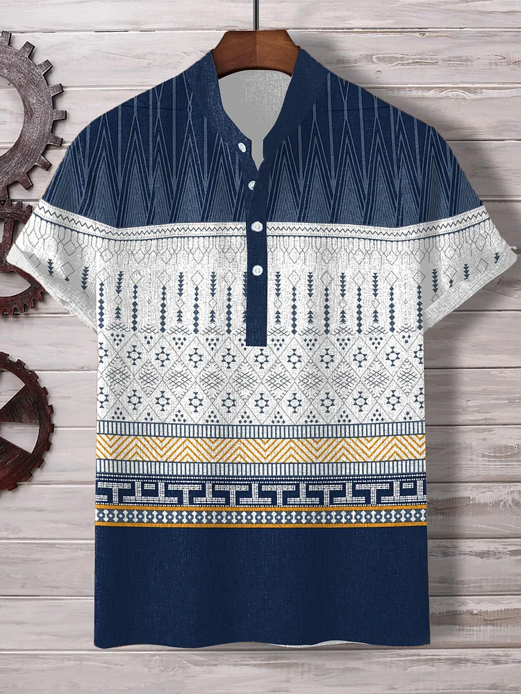 Men's Retro Denim Blue Geometric Totem Print Shirt