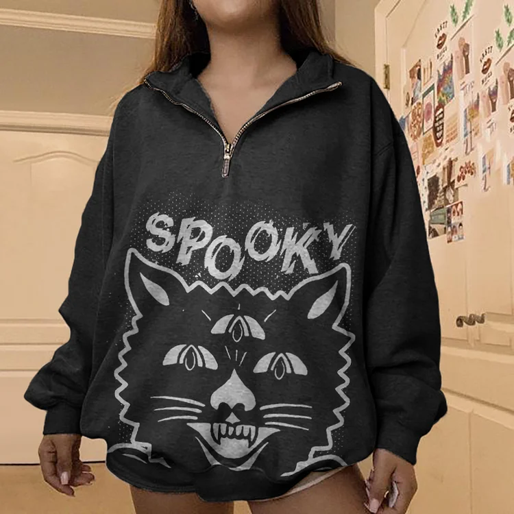 Vefave Long Sleeve Spooky Cat Print Sweatshirt