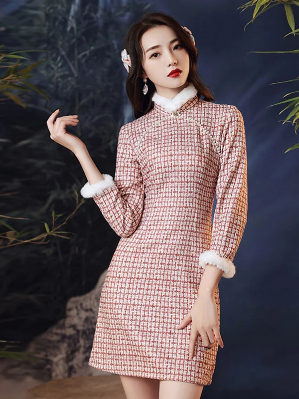Original Plaid Stand Collar Short Cheongsams