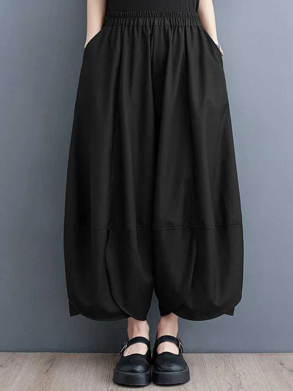 Elasticity Pure Color Split-Joint Bloomers Roomy Trousers Wide Leg Pants