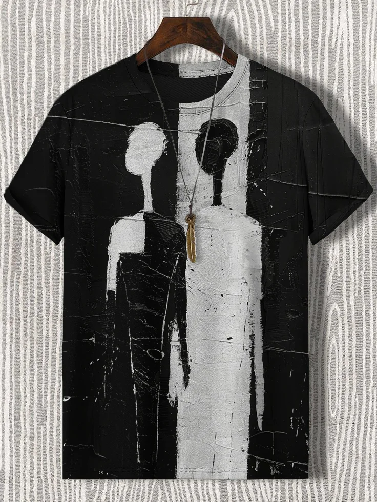 Men's Contrast Color Abstract Figure Art Print Casual T-Shirt