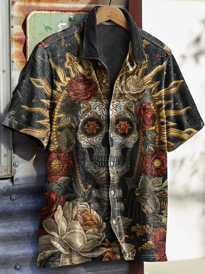 Men's Vintage Western Skull Floral Print Waffle Shirt socialshop