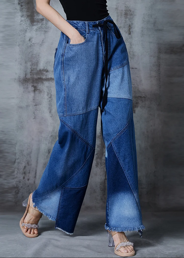 Women Blue Asymmetrical Patchwork Denim Pants Spring