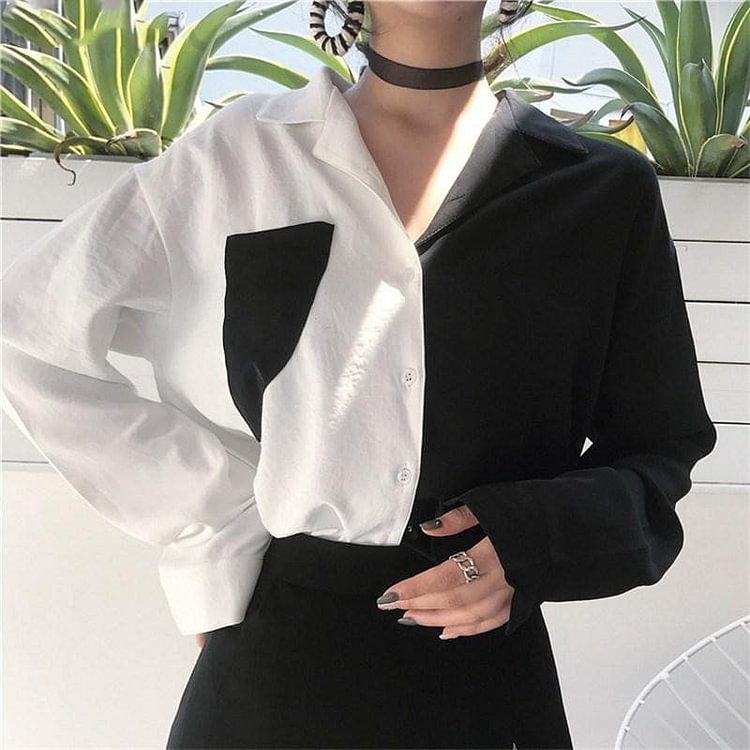 Black/Khaki Patchwork Pockets Blouse Shirt SP14654