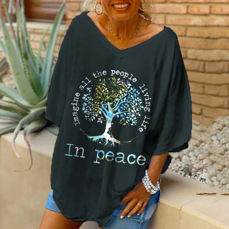Oversized Imagine All The People Living Life In Peace Tree Printed Women Hippie T-shirt