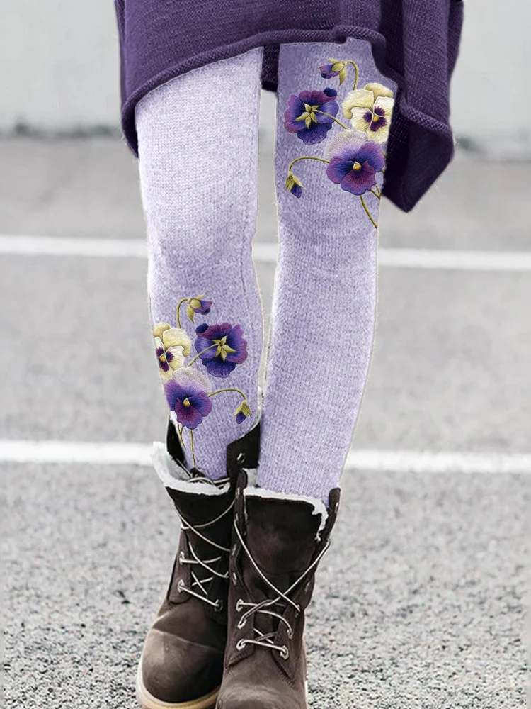 Comstylish Classy Pansy Flowers Embroidered Comfy Leggings