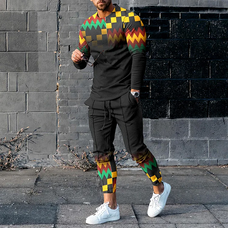 BrosWear Trendy Ombre Reggae Ethnic Print Long Sleeve T-Shirt And Pants Co-Ord