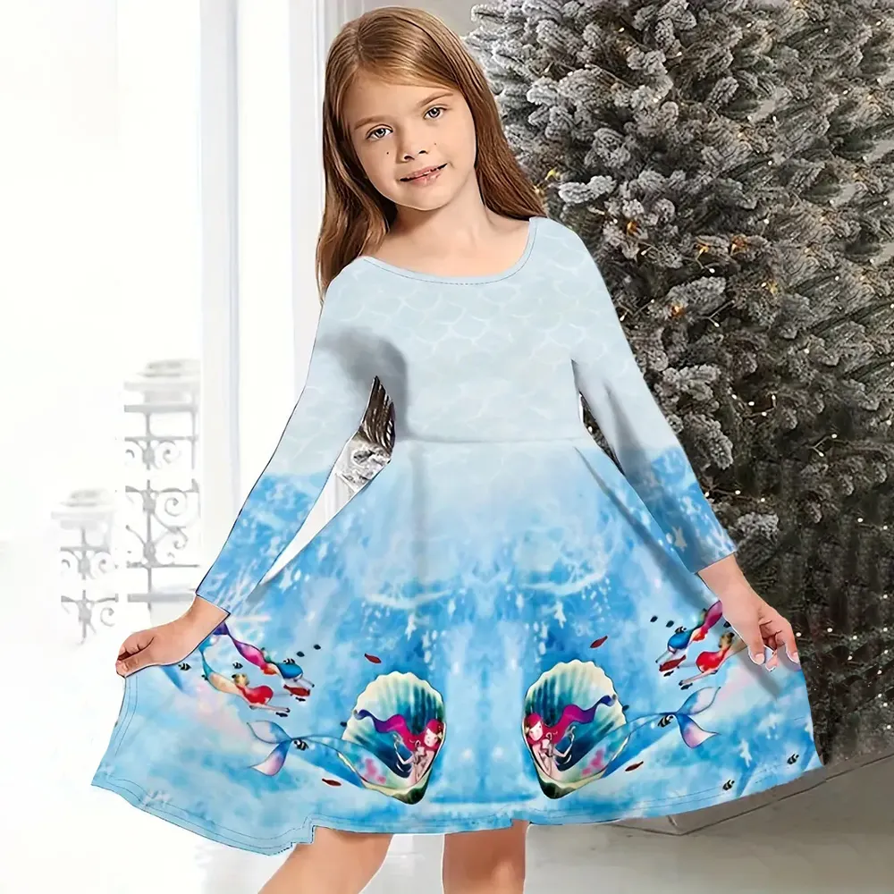 【2Y-10Y】Girls Cute Heart Shaped Dog Mermaid Print Long Sleeve Dress