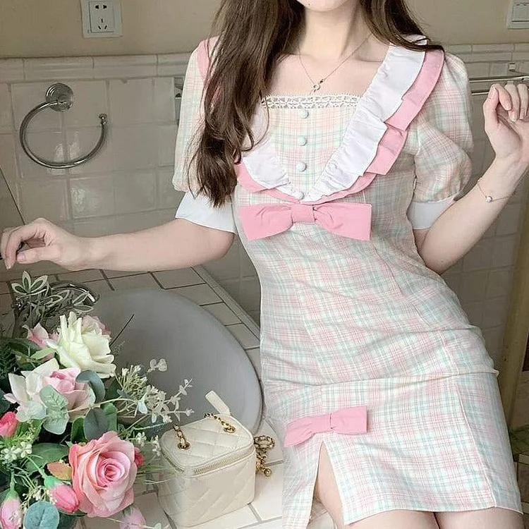 Pink Kawaii Sweet Pastel Plaid Dress SP16409R