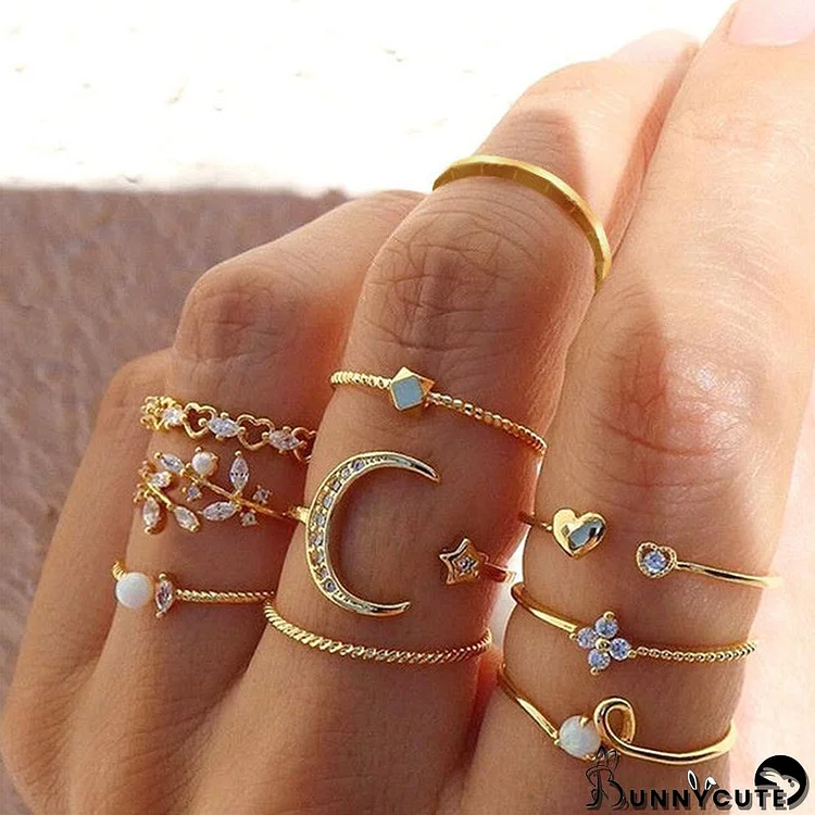 Bohemian Gold Color Chain Rings Set for Women Fashion Boho Coin Snake Moon Star Rings Party 2022 Female Trend Jewelry Gifts