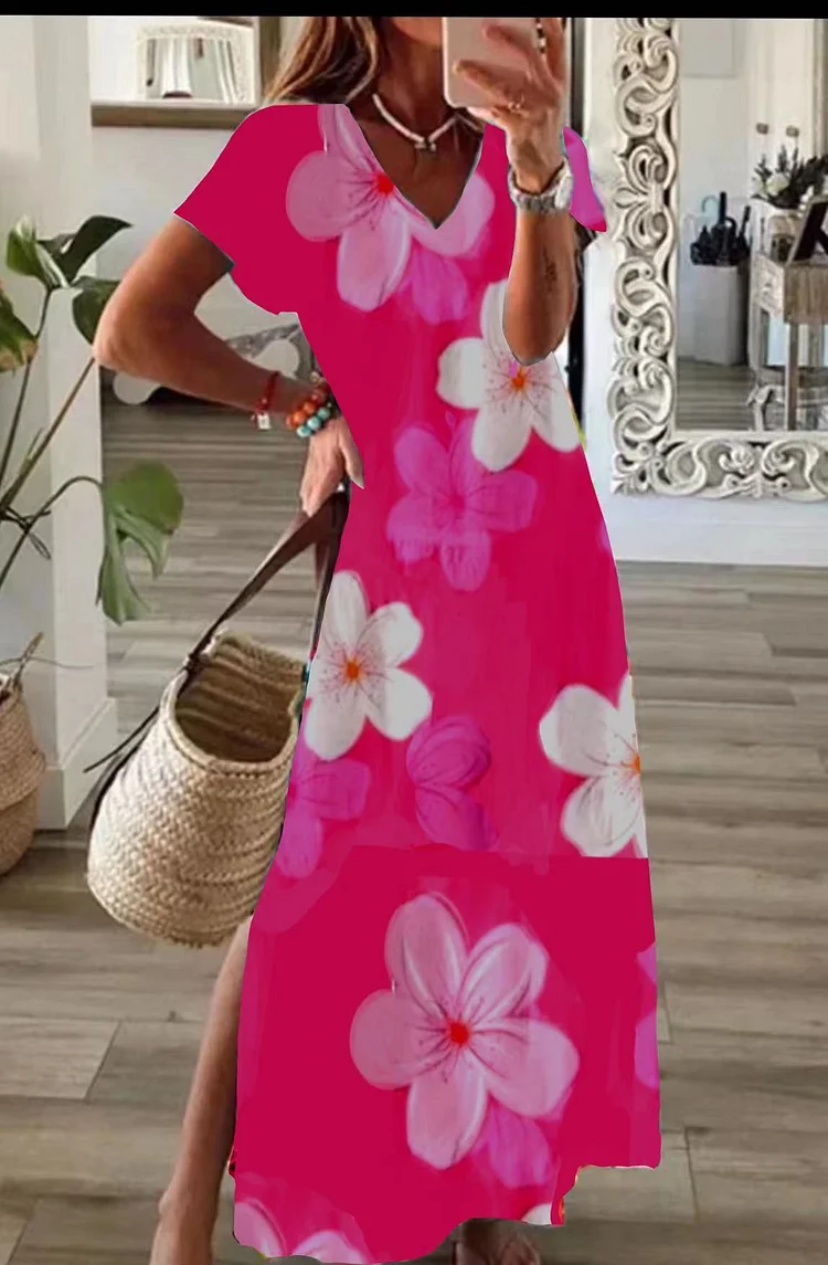 Women's Maxi Dress Pink Floral Print Holiday Slit Casual Dress