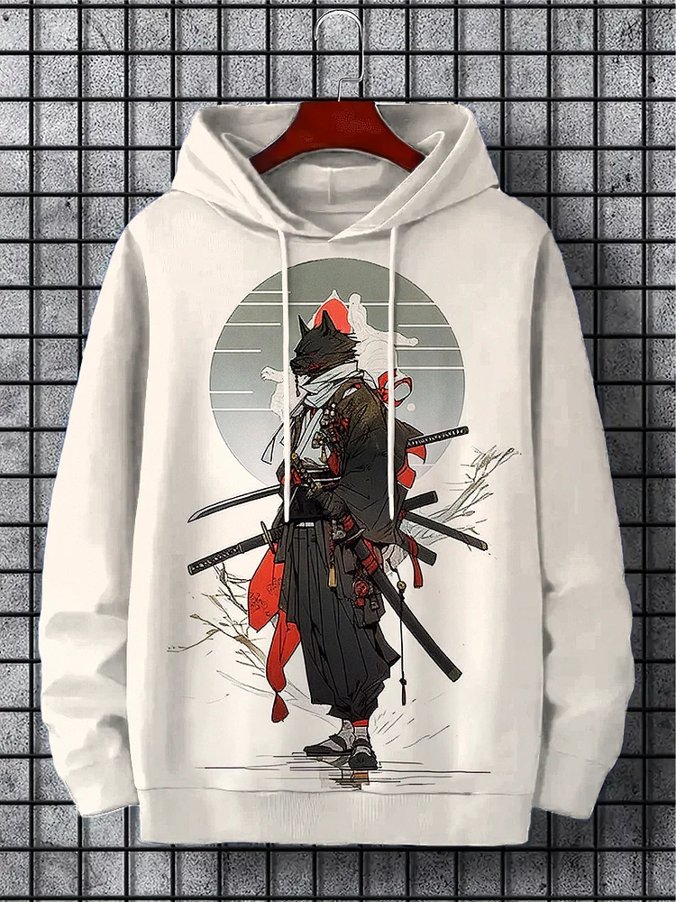 Comstylish Men's Wolf Samurai Japanese Art Print Casual Hoodie