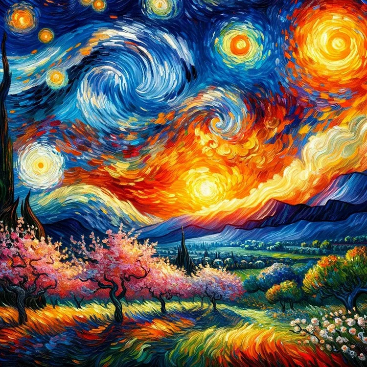 Starry Sky And Countryside 40*40CM (Canvas) Full Round Drill Diamond Painting gbfke