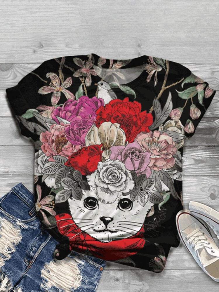 Cat Floral Cartoon Print Short Sleeve Casual T Shirt For Women P1795942