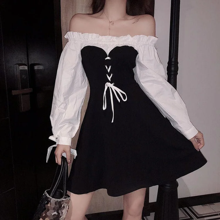 Black Chic Bow Bubble Sleeve Dress SP14837