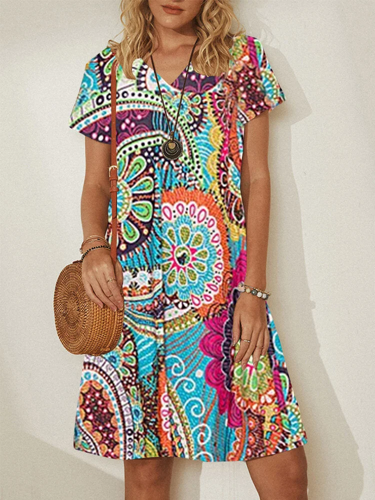Women Casual Short Sleeve V-neck Colorblock Printed Midi Dress
