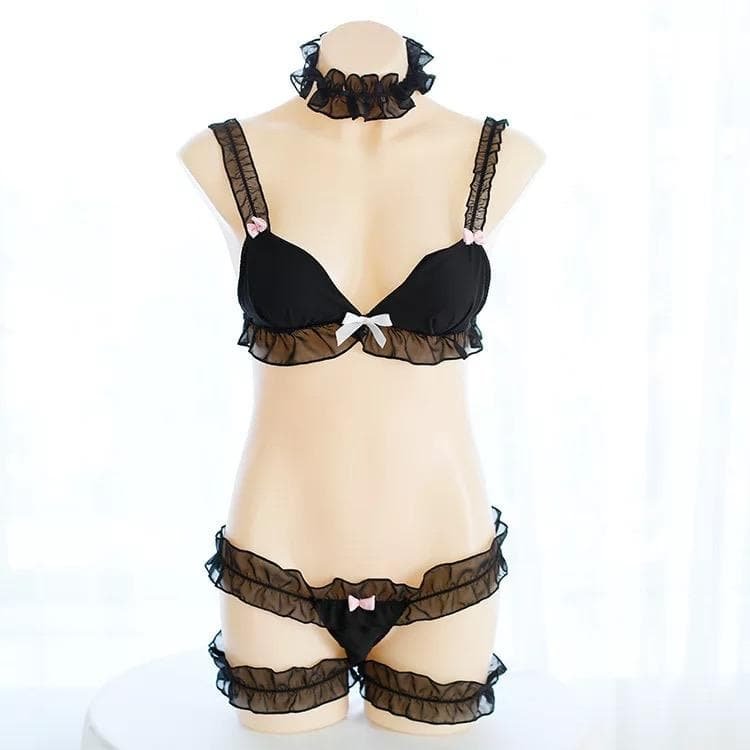 Final Stcok! Black Bow Mesh Falbala Lingeries Set SP1812038