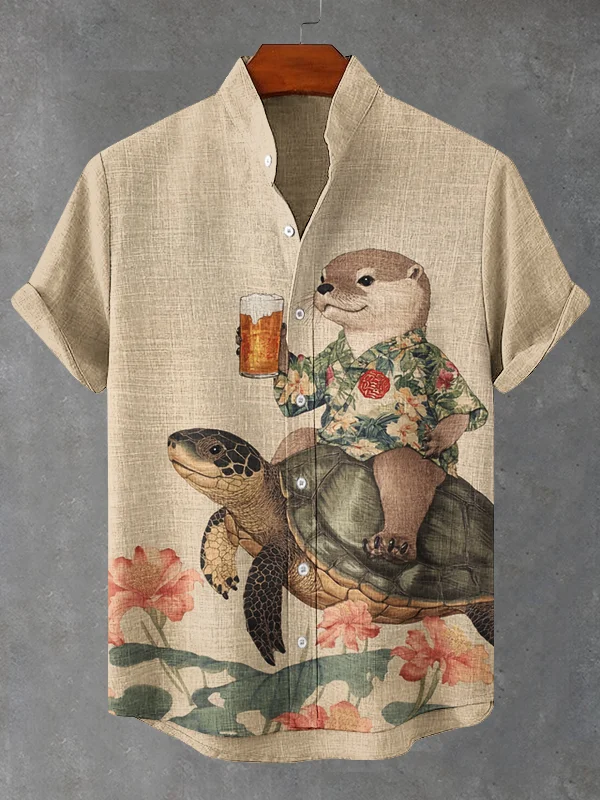 Men's Otter Riding A Turtle Print Short Sleeve Shirt