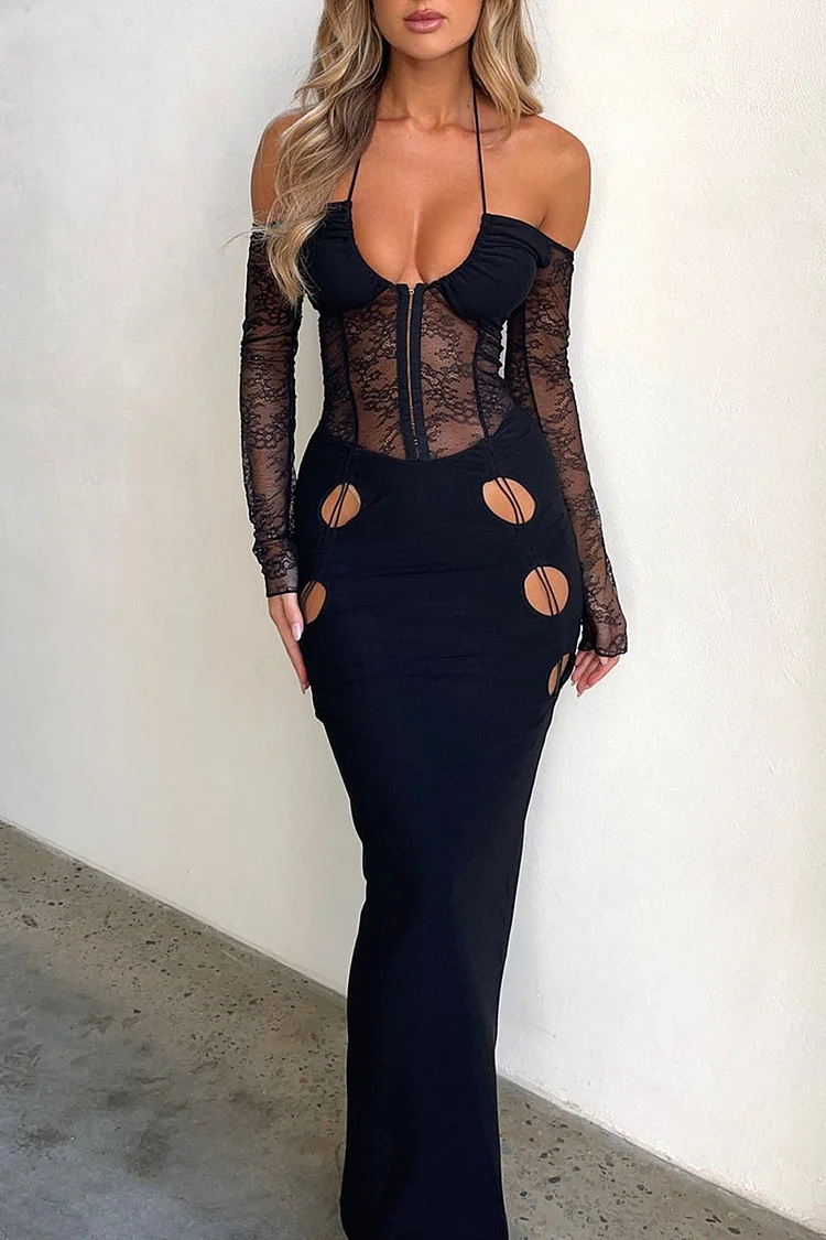 Lace Patchwork Long Sleeve Cut Out Bodycon Party Maxi Dresses-Black