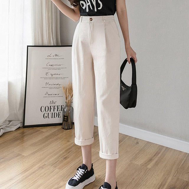 Korean women's black pants cotton 2022 new white casual pants women loose harem pants high waist overalls nine-point plus size - BlackFridayBuys