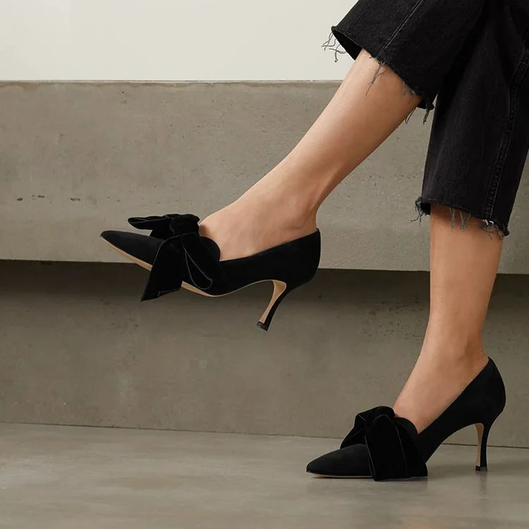 Elegant Pointed Vegan Suede Pumps Women'S Office Kitten Heel Bow Shoes |FSJ Shoes