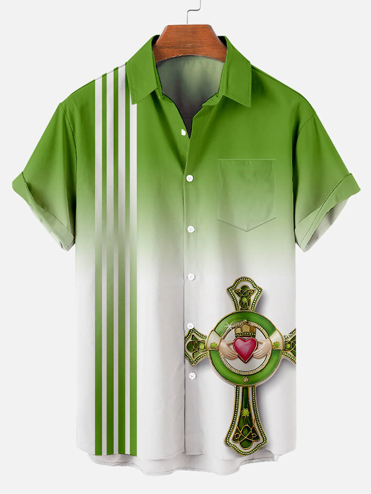 St. Patrick's Day Cross Stripe Ombre Short Sleeve Bowling Shirt PLUSCLOTHESMAN