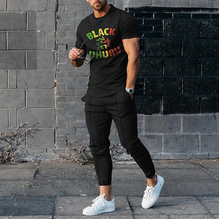 BrosWear Men's Reggae Music Letter Printing Short Sleeve T-Shirt Two Piece Set