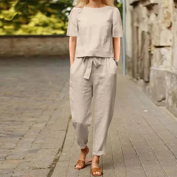 Summer Fashion Solid Color Short-Sleeved Trousers Two-Piece Suit (Including Belt)