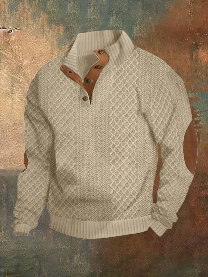 Men's Casual Jacquard Loose Half Button Standing Collar Pullover Sweatshirt