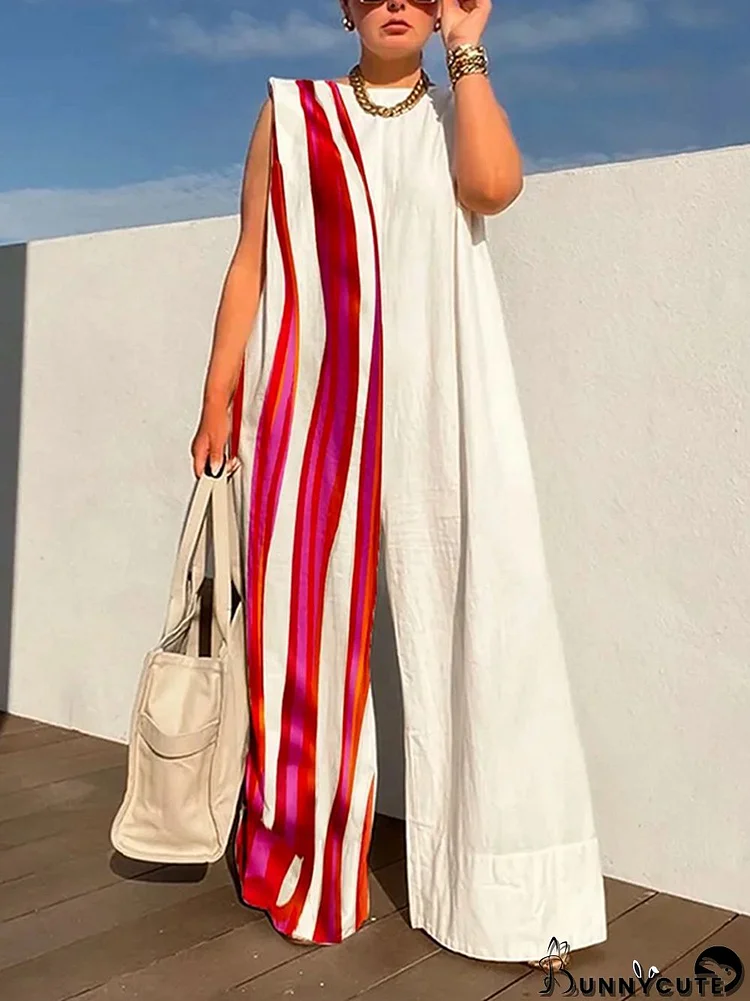 Sleeveless Wide Leg Contrast Color Printed Striped Jumpsuits