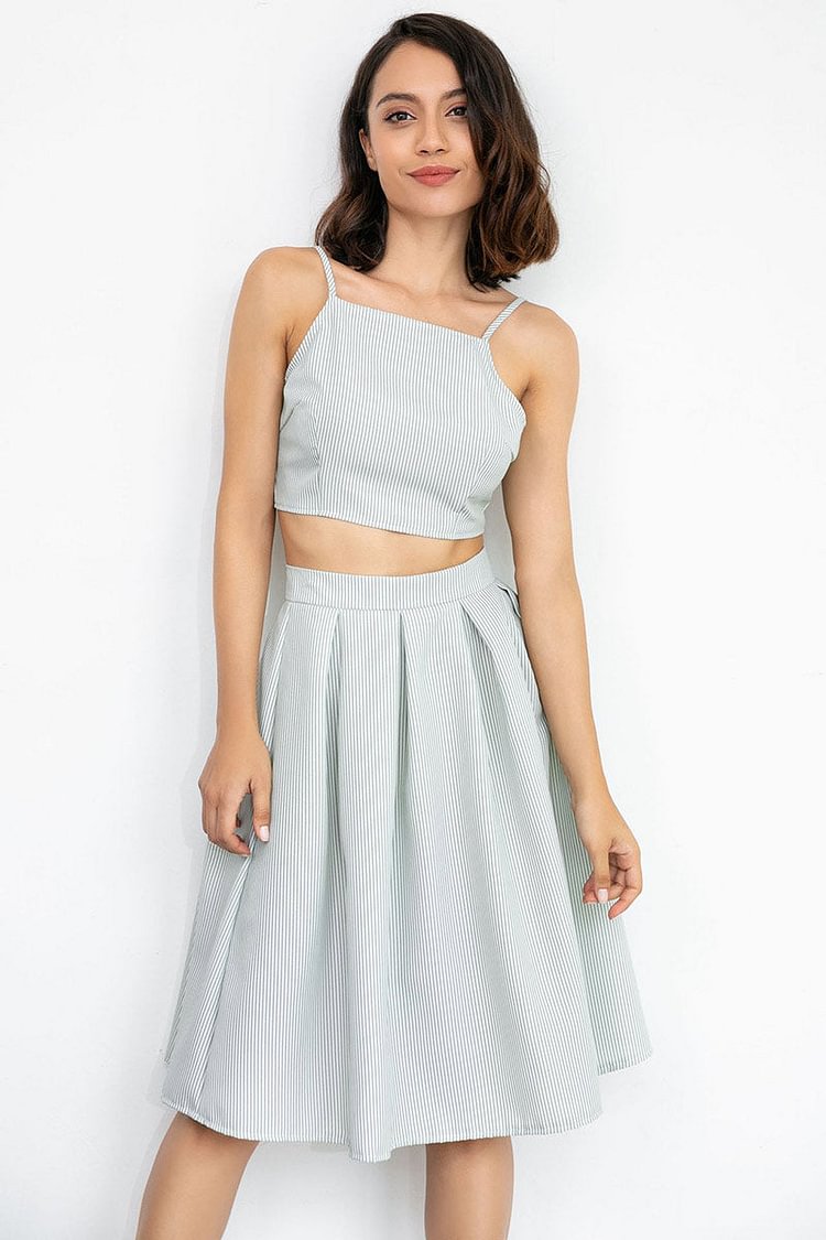 Striped Knot Back Empire Pleated Two Piece Sets - Life is Beautiful for You - SheChoic