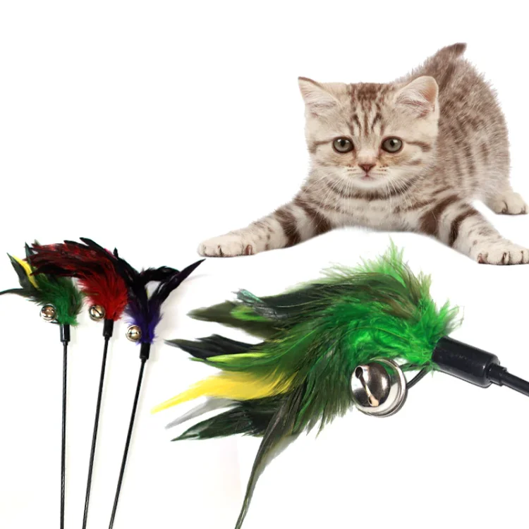 Interactive Cat Feather Toys Retractable Cat Feather Wand with Bell for Indoor Cats 2 PCS 1