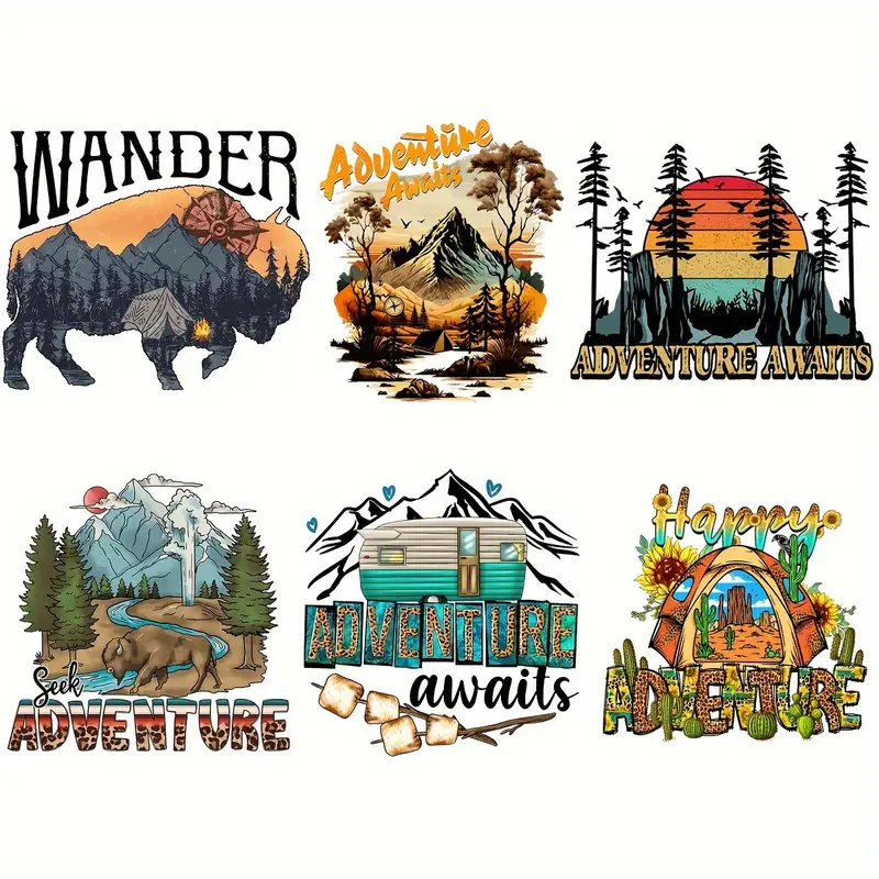 6pcs/set Outdoor Hiking Adventure Camping Designs Stickers DIY Iron On Transfer Travel Wildlife Stickers With Different Style and Design Heat Transfers Printing Sticker For Clothing-Guru-buzz