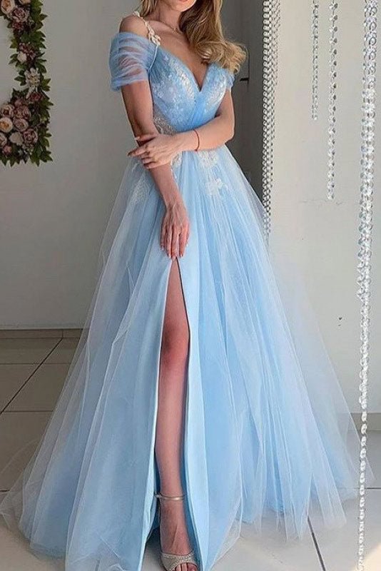 Blue Off-the-Shoulder A-Line Prom Evening Dresses - Shop Trendy Women's Clothing | LoverChic