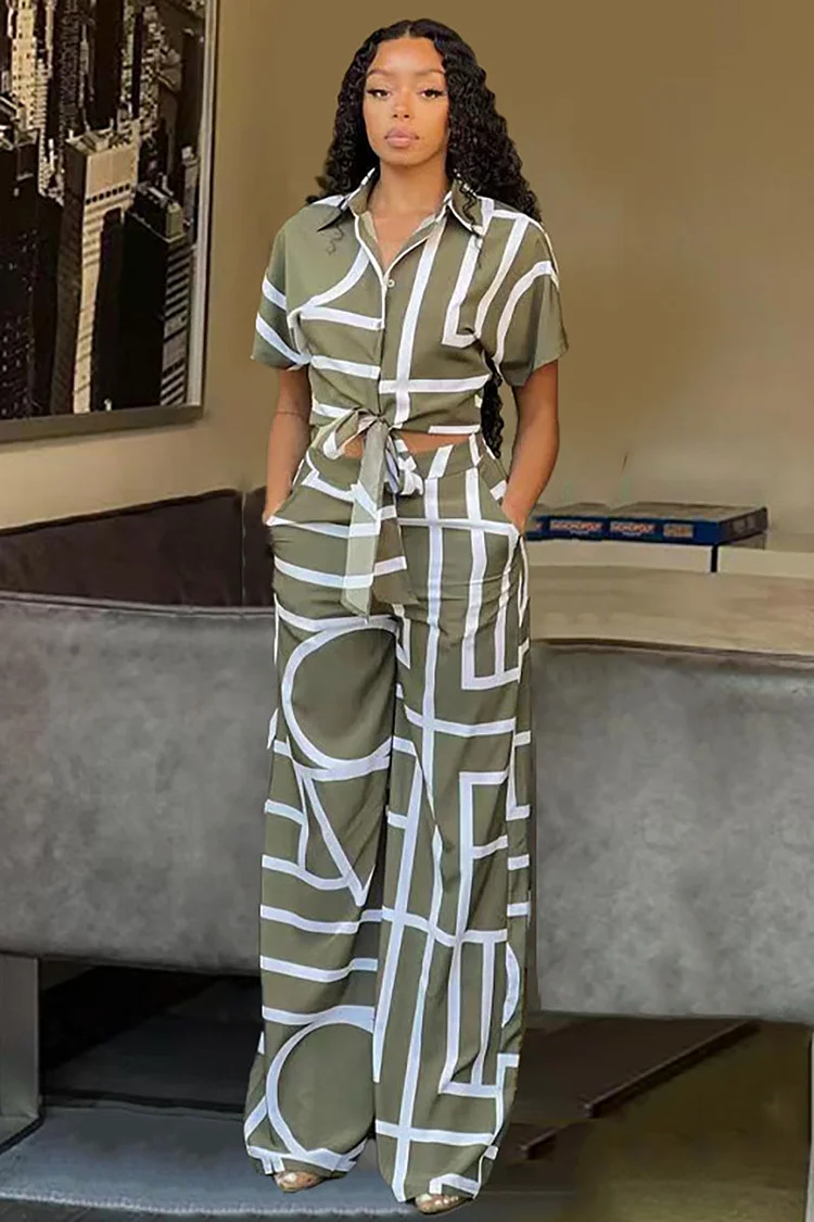 Geometric Print Short Sleeve Tie Up Crop Blouse Wide Leg Pants Matching Set-Green
