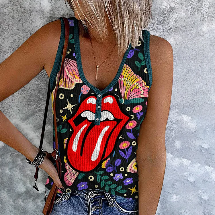 Comstylish Retro Butterfly And Floral Stone Fun Lips Graphic Sleeveless Tank Top