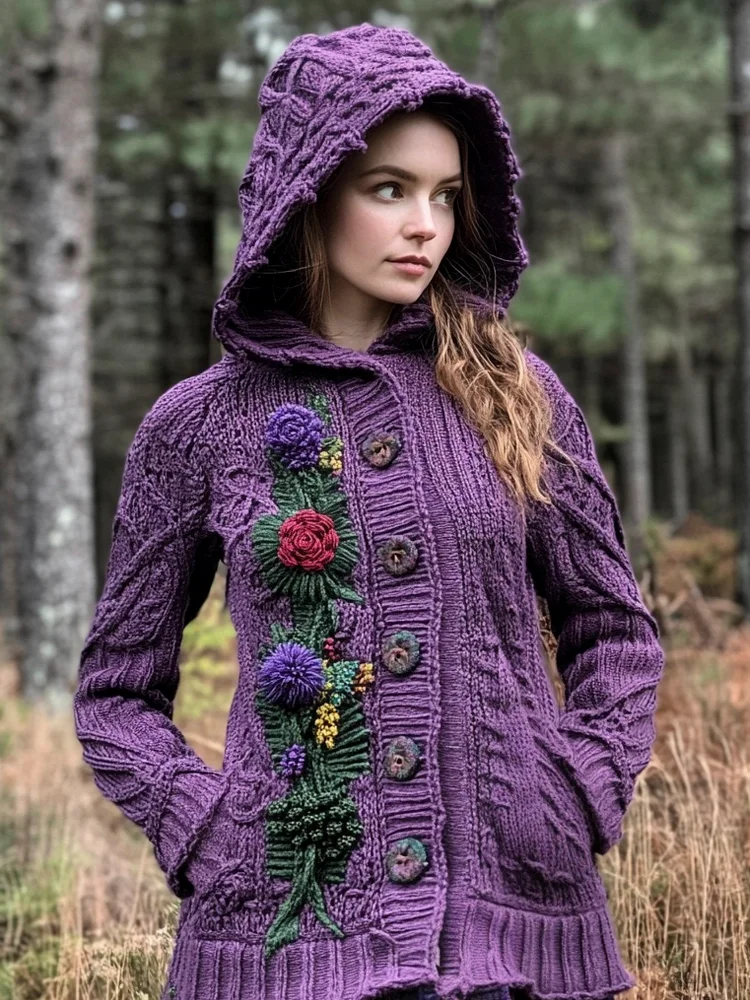 Scottish Thistle Knit Floral Women's Hooded Sweater Long Cardigan