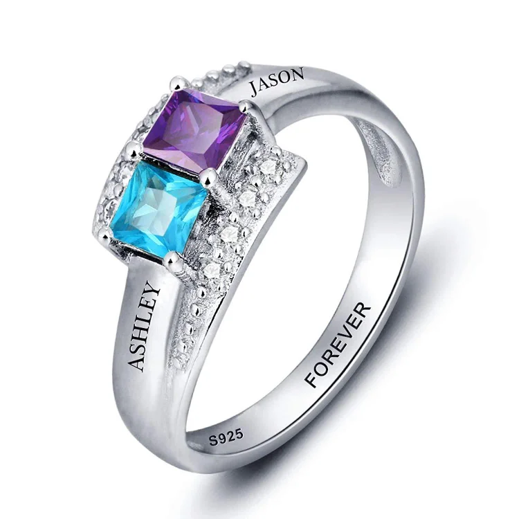 Personalized Birthstone Ring With 2 Stones Engraved 2 Names Promise Rings For Her