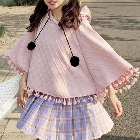 Pink/Grey/White Kawaii Tassels Hoodie Phoncho Cape SP1710694